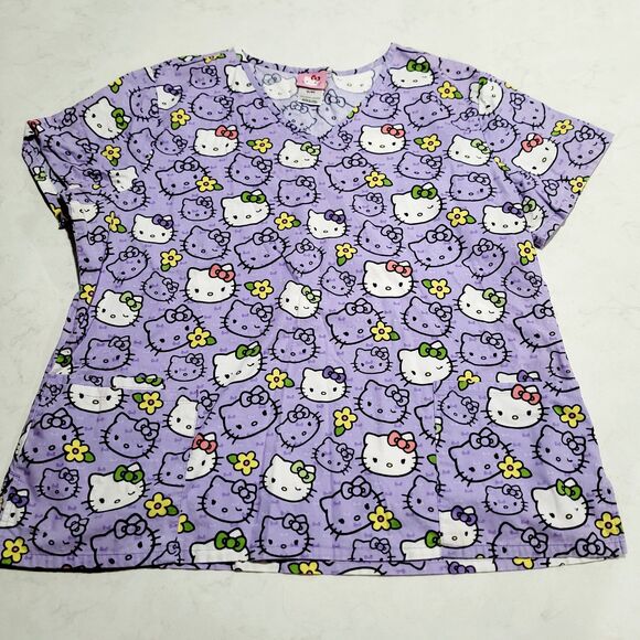 Sanrio Hello Kitty V Neck Nursing Scrubs Top Woman's XL 3 Pocket All Over Print - Picture 1 of 9
